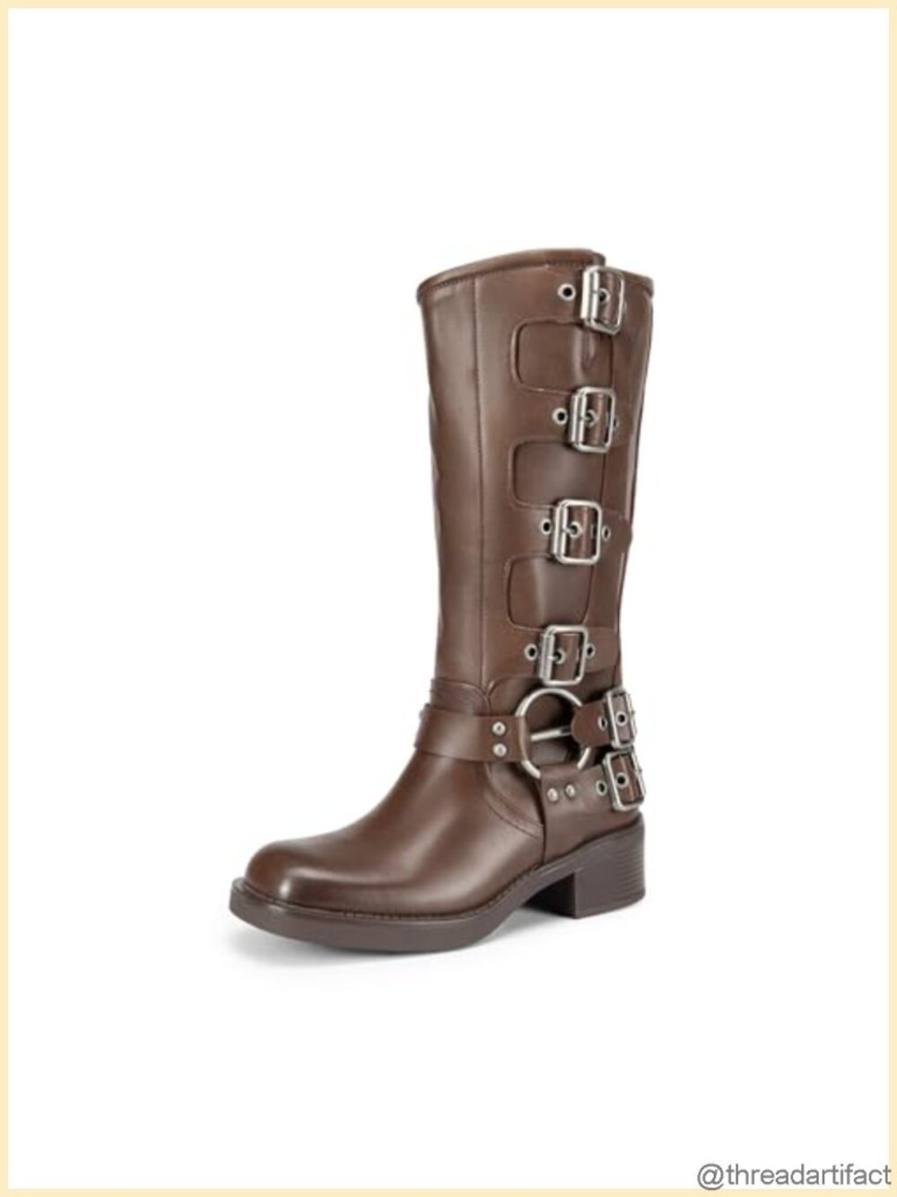 Womens Square Toe Knee High Moto Boots Faux Leather Block Heel Buckle Strap